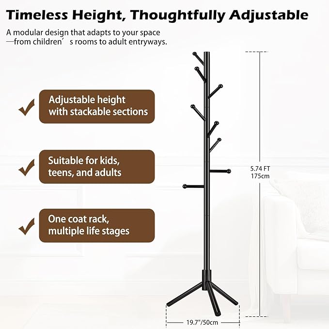 Wooden Coat Rack Freestanding, Adjustable Height Solid Wood Clothes Stand with 8 Ball-End Hooks, Stable Tripod Base, 5.7FT Floor Coat Tree for Entryway Bedroom Office, Black