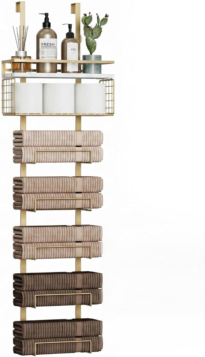 Aetyord Towel Racks for Bathroom Over The Door Towel Racks Towel Storage Organizer with Metal Shelf Basket for Bathroom Rv Camper (7-Tier Gold)