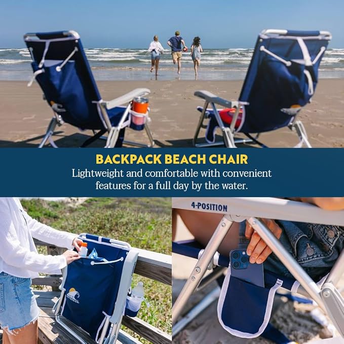 GCI Outdoor Backpack Beach Chair | Reclining Folding Chair with Durable Armrests, Drink Holder & Carry Straps, Perfect for Beach Trips & Picnics — Nautical Blue