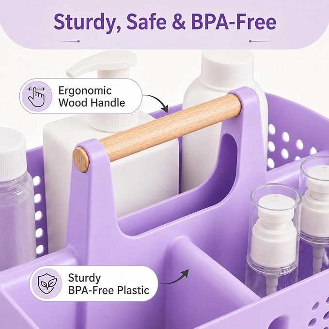 Portable Shower Caddy Basket with Wood Handle, 3-Compartment Bathroom Organizer Tote with Drain Holes, Plastic Shower Basket for Dorm, Toiletries, Cleaning Supplies, Purple