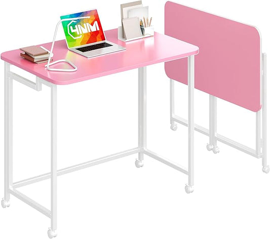 4NM 27.5" Mobile Small Rolling Computer Desk, Folding Laptop Cart Table with Wheels, Portable Office Desk for Small Space Couch Bed - Pink and White