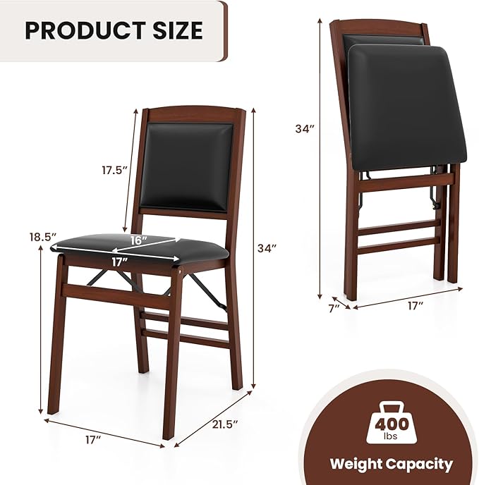Giantex Folding Dining Chairs Set of 2, Foldable Wood Kitchen Chairs with Padded Seat, Solid Wood Frame, Max Load 400 Lbs, No Assembly Easy to Store Wooden Dining Chairs for Apartment, Small Space