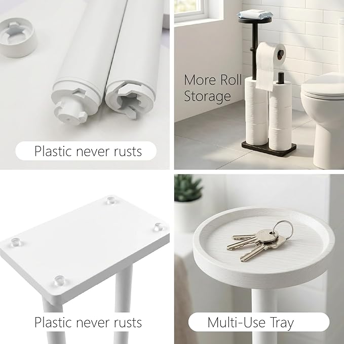 Toilet Paper Holders Free Standing, Holds up to 7 Rolls Toilet Paper Stand with Storage, Bathroom Toilet Paper Organizer with Top Shelf for Small Items, 1-Min Rotating-Lock Assembly, White,L