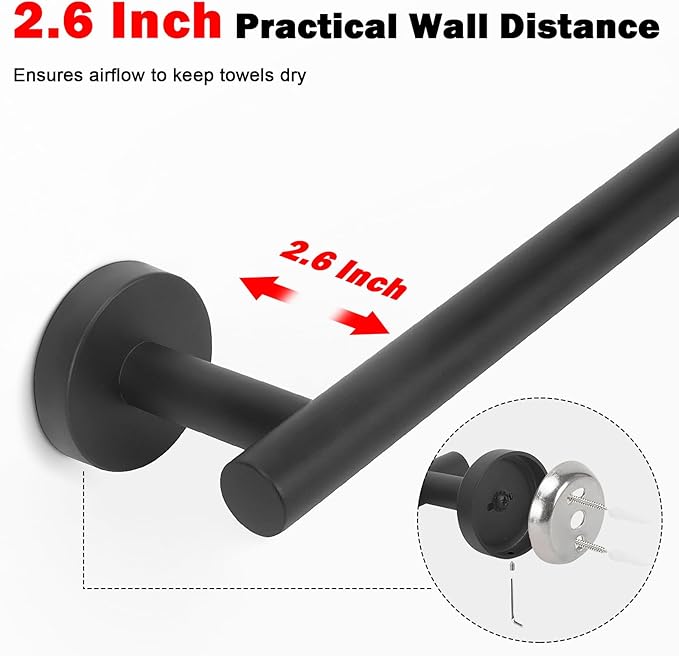Livabber Bath Towel Bar, 304 Stainless Steel Towel Rack, Heavy Duty Towel Holder Wall Mounted for Bathroom/Kitchen, Usable Hanging Length-20.9 Inch, Total Length-23.7 Inch (Black)