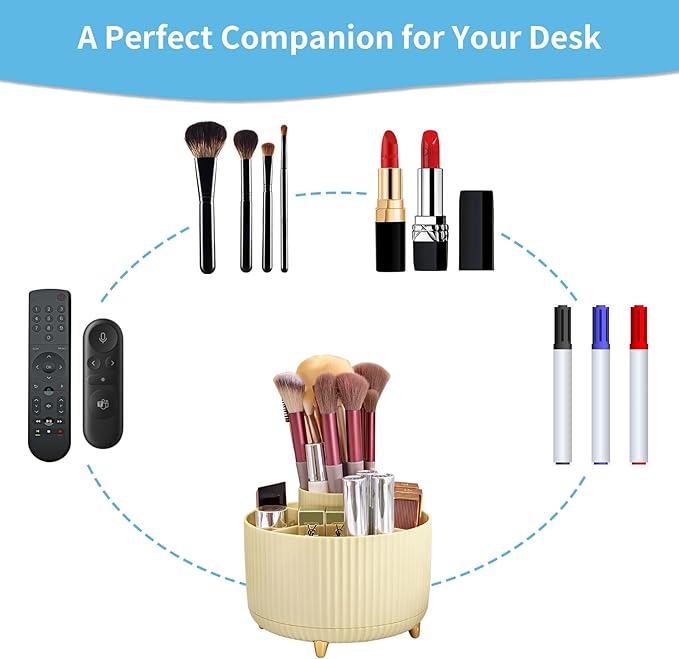 Marbrasse Desk Organizer, 360-Degree Rotating Pen Holder, Desk Organizers and Accessories with 5 Compartments Pencil Holder, Art Supply Storage Box Caddy for Office, Home (Yellow)