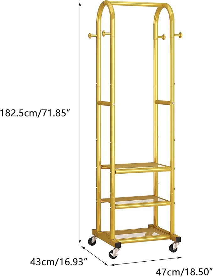 Dttwacoyh Hall Tree with Hanging Hooks,Gold Metal Decorative Freestanding Garment Rack on Wheels,3-in-1 Narrow Entryway Storage for Small Space,Suitable for Hallway,Bedroom and Bathroom,Gold