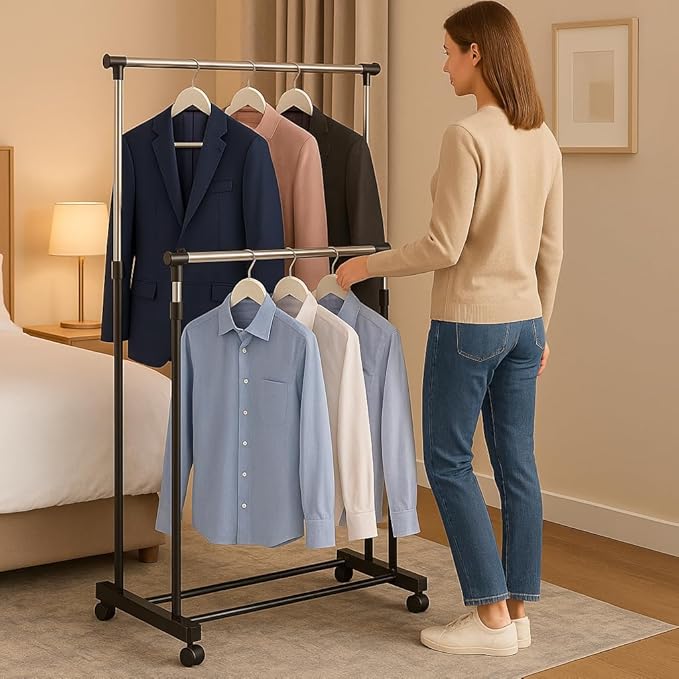 Heavy Duty Garment Rack with Sturdy Wheels | 450 lb Load Capacity | Adjustable Metal Clothing Anti-Slip Rack for Hanging Clothes, Lockable for Stability (Double Rod)