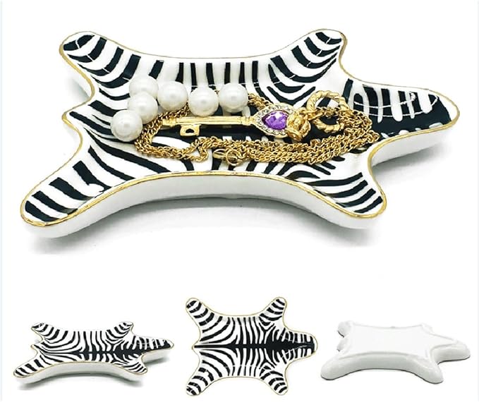 Zebra Stripe Jewelry Tray Ceramic Dishes Plate Gilded 5.9", Gold (Black)