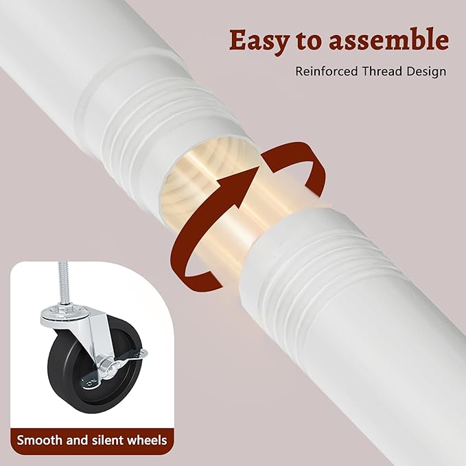 FAVOOSTY Clothes Rack for Hanging Clothes Double Rods, Rolling & Extending Clothing Rack with Wheels, Garment Coat Rack Freestanding, Portable Clothes Rack, White
