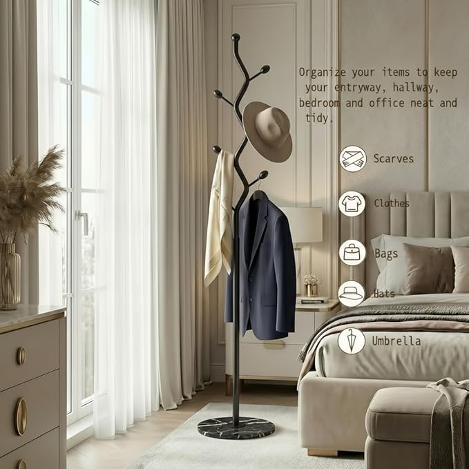 Freestanding Tree Branch Coat Rack with Marble Base, Gold Decorative Standing Coat Rack with 8 Hooks, Sturdy Heavy Duty Metal Coat Hanger Stand for Entryway Bedroom Living Room (All Black)