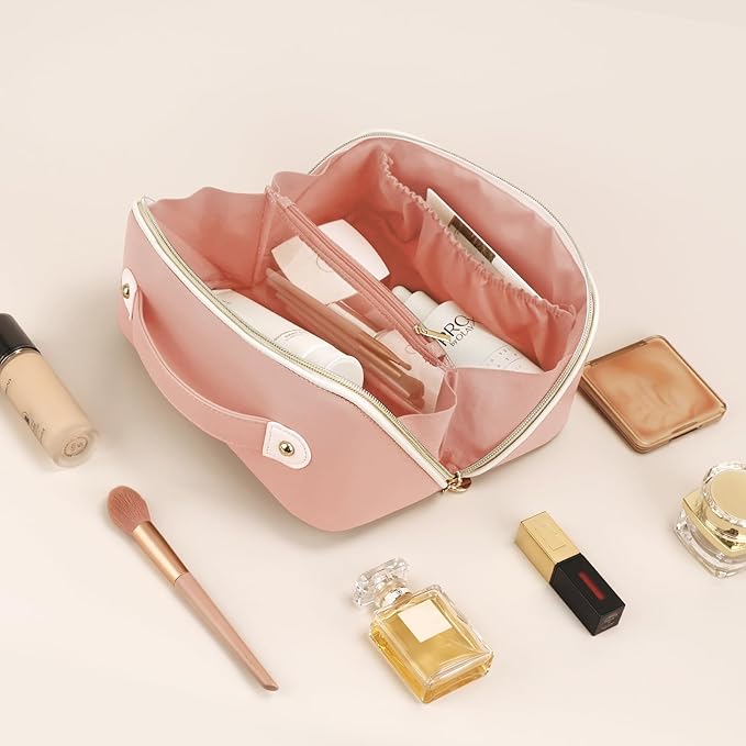 Prite Makeup Bag for Women Travel Waterproof Vegan Leather Cosmetic Bag Open Flat Toiletry Bag With Clear Divider and Handle (Pink, Large)