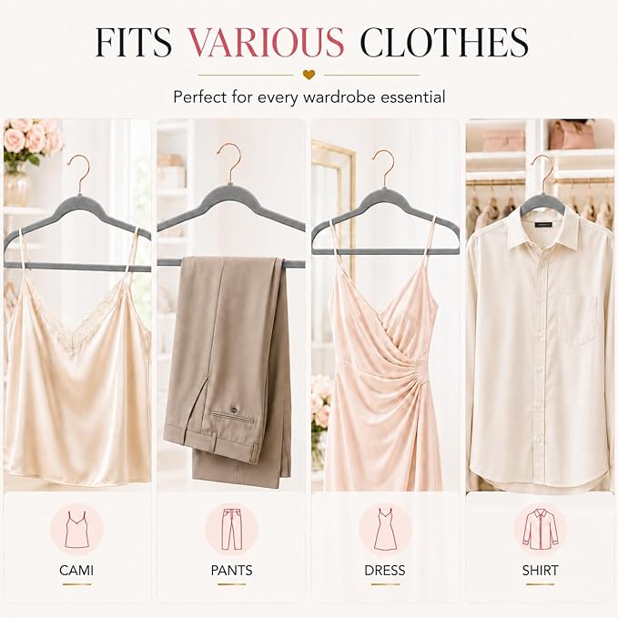 Smartor Grey Velvet Hangers 50 Pack, Non Slip Clothes Felt Hanger Heavy Duty for Coat, 360° Rotating Rose Glod Hook, Premium Slim Space Saving Hangers for Closet Organizer and Storage