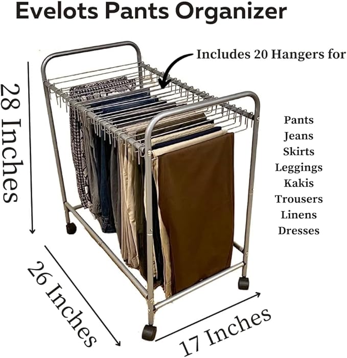 Evelots Pants Rack with 20 Pants Hangers Rolling Trolley Cart - Skirt Hangers, Jean Organizer for Closet