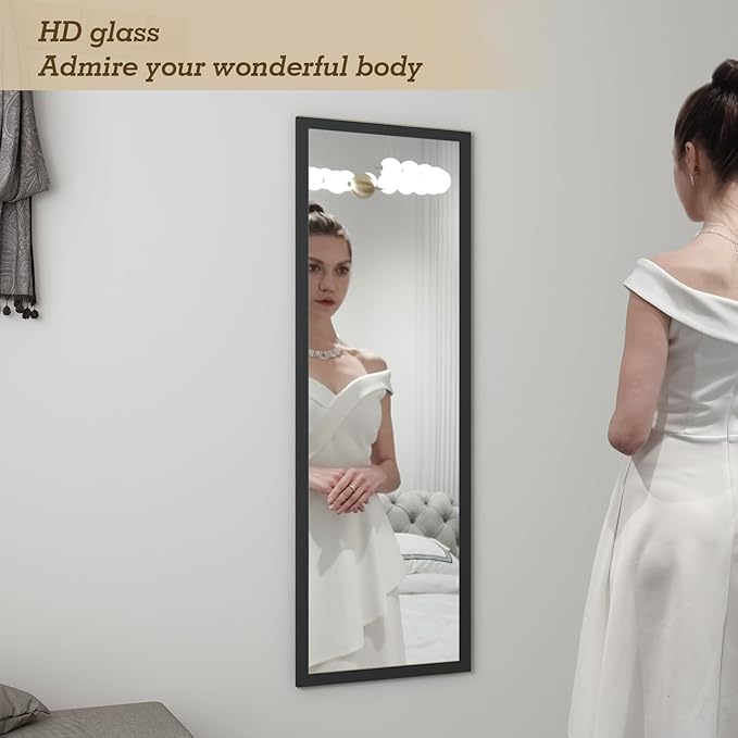 whitebeach Full Body Length Door Hanging Wall Mounted Mirror with 2 Metal Hangers for Bedroom Living Room Bathroom(Black, 48 * 16")