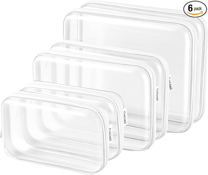 CoiiJoii 6PCS Clear Zipper Pouches, Small Christmas Item Storage Bins, Zippered Hard Pouch Double, Portable Makeup and Cosmetic Bag, Storage Organizer Bins, Hard Plastic Case, Clear Zipper Bags