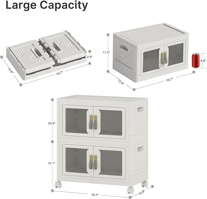 UAMFURI Stackable Storage Bins with Lids, Clear Doors, Large Storage Cabinet Foldable Collapsible Closet Organizers for Bedroom Dorm Office (2, White, 48, Quarts)