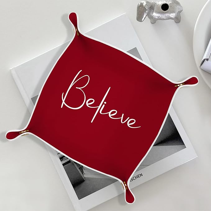 Believe Gifts for Women Tray Decor, Employee Appreciation Day Red PU Leather Catchall Beside Caddy Nightstand Organizer Tray for Jewelry Rings Watches Keys and Accessories, 7.87x7.87in