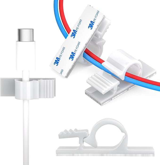 XHF 100pcs Adhesive Cable Wire Clips white, Outdoor Cable Management Wire Organizer Cord Holder for Under Desk, Car, Wall, TV PC Ethernet Cable