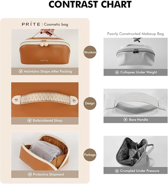 Prite Makeup Bag for Women Travel Waterproof Vegan Leather Cosmetic Bag Open Flat Toiletry Bag With Clear Divider and Handle (New Brown, Large)