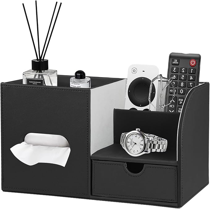 PU Leather Square Tissue Box Cover with Tray and Organizer, Multi-Function Remote Control Tissue Holder for Vanity, Nightstand, Bathroom, Home and Office