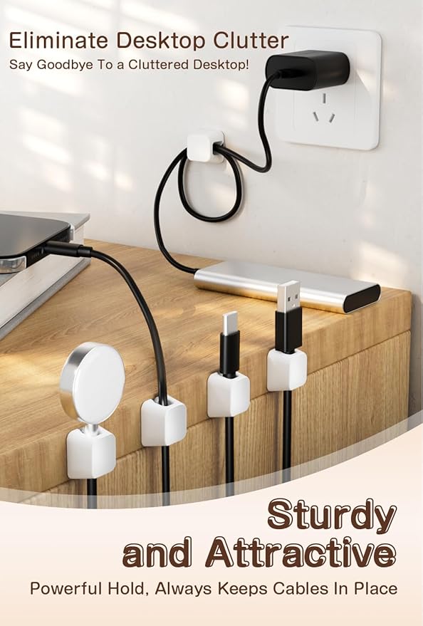 Maveek Magnetic Cord Holders, 5 Pack Silicone Magnet Cable Clips with Metal Plates, Standing Desk Wire Organizer for USB Charging Cables, Nightstand, Car, Metal Surface (Small, White)