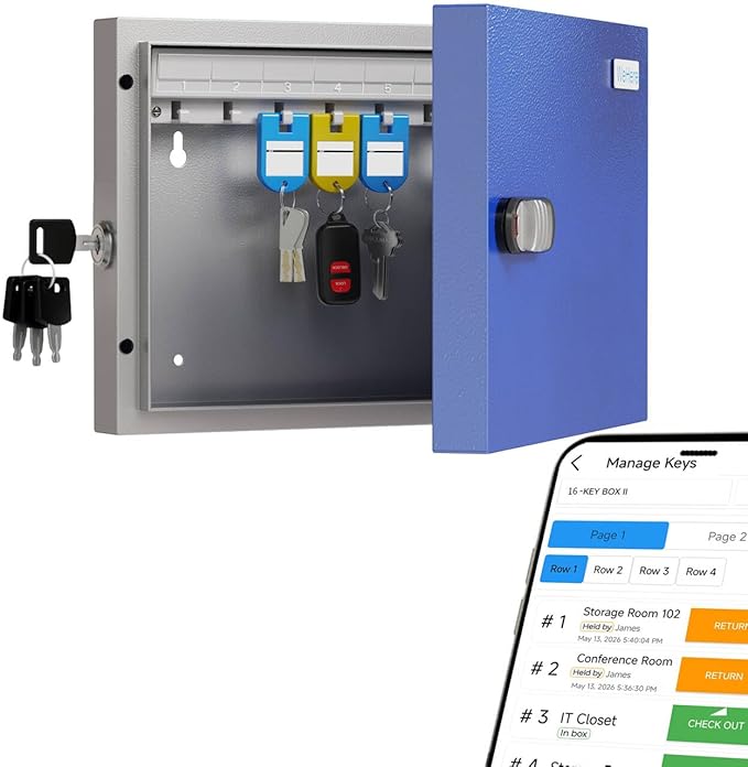 WeHere 16 Key Lock Box, Key Cabinet with Key Management App (Track Key Borrow/Return), 3-Digit Combination Lock & Backup Key, Wall Mount Key Holder Organizer Box for Home, Small Office, Rental