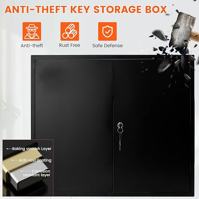 440 Keys Dual-Door Key Lock Box Wall Mount with 20 Adjustable Hook Plates, Numbered Hooks and Tags, Steel Key Cabinet with Index Log, Key Storage Box Key Organizer for Garage Home Office, Black
