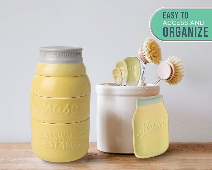Comfify Mason Jar Kitchenware Set – Yellow Ceramic Decor with 4 Measuring Cups, 4 Measuring Spoons, Spoon Rest