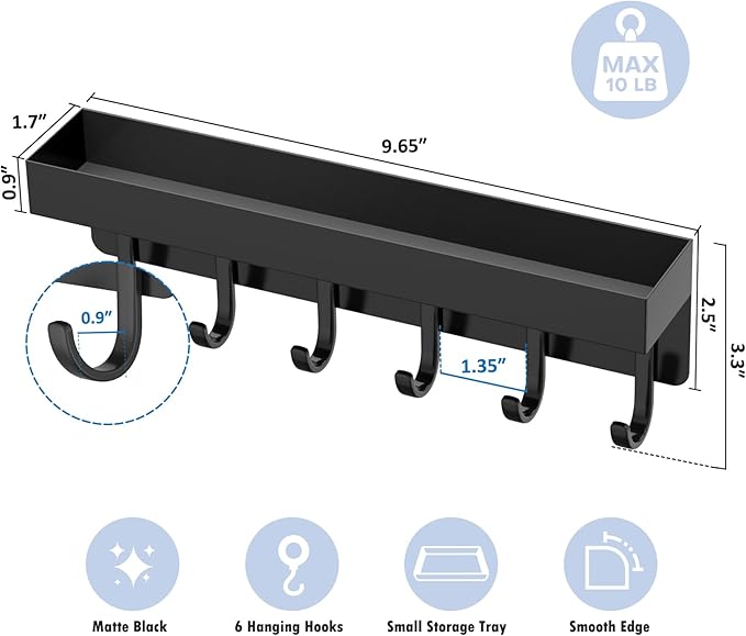 Magnetic Key Holder, Small Wall Mount Key Rack with Shelf for Fridge, 6 Metal Hooks, 9.65 Inch, 2 Installation Options, Black