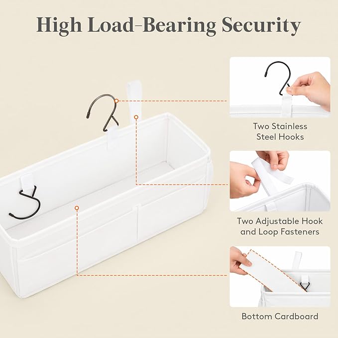 Lifewit Bedside Caddy Storage Organizer, Hanging Storage Bag with Fixed Straps, Book Remotes Holder for Home, College, Dorm, Bunk, Hospital, Crib Bed Rails, White
