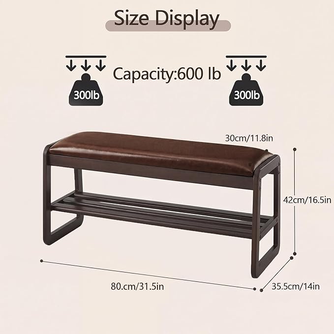 Achicsofar Shoe Rack Bench,2 Tier Solid Wooden Entryway Bench with Shoe Storage, Shoe Rack with Cushion for Living Room, Hallway(Brown, 31.5")