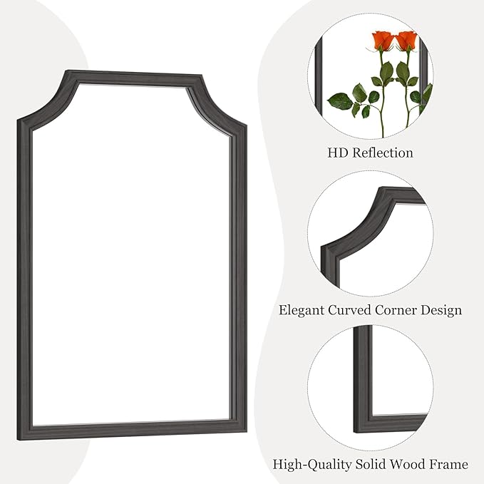 WallBeyond Scalloped Wood Mirror for Small Bathroom Vanity 20x30 Inch Rectangle Wall Mirror Decor for Hallway Bedroom Living Room Home (Black)