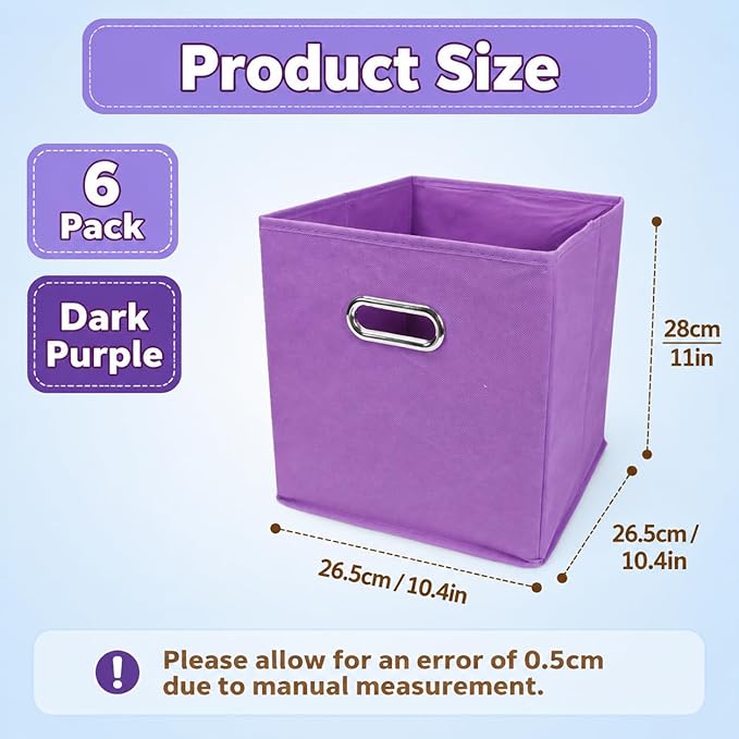 6 Pack Storage Bins, 10.4 x 10.4 x 11 Inch Foldable Fabric Storage Cubes with Metal Handles for Shelves, Closet, Clothes, Toy(Dark Purple)