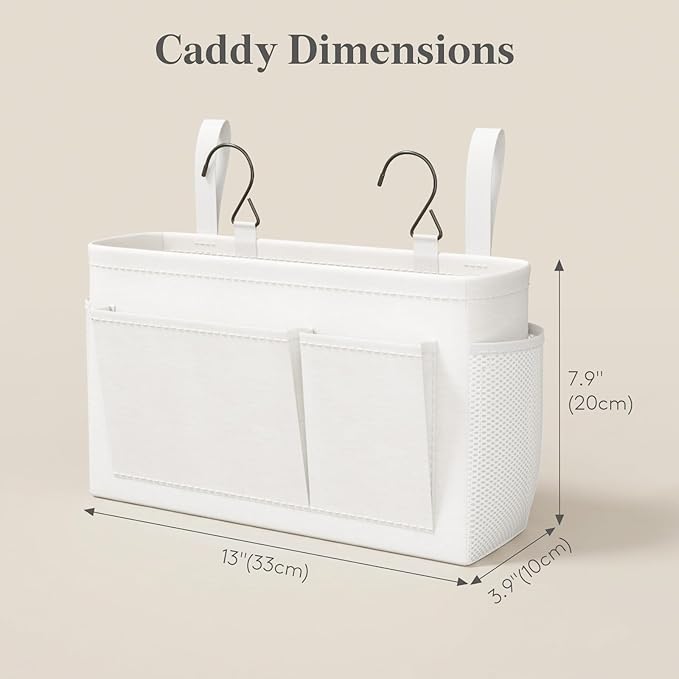 Lifewit Bedside Caddy Storage Organizer, Storage Bag Hanging Organizer with Fixed Straps, Book Remotes Holder for Home, College, Dorm, Bunk, Hospital, Crib Bed Rails, White