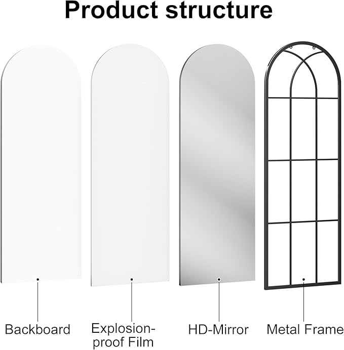 OGCAU Arched Full Length Mirror, 65"x22" Window Mirror, Floor Length Hanging or Leaning, Full Body with Iron Frame Window Pane for Bedroom Living Room (Black)