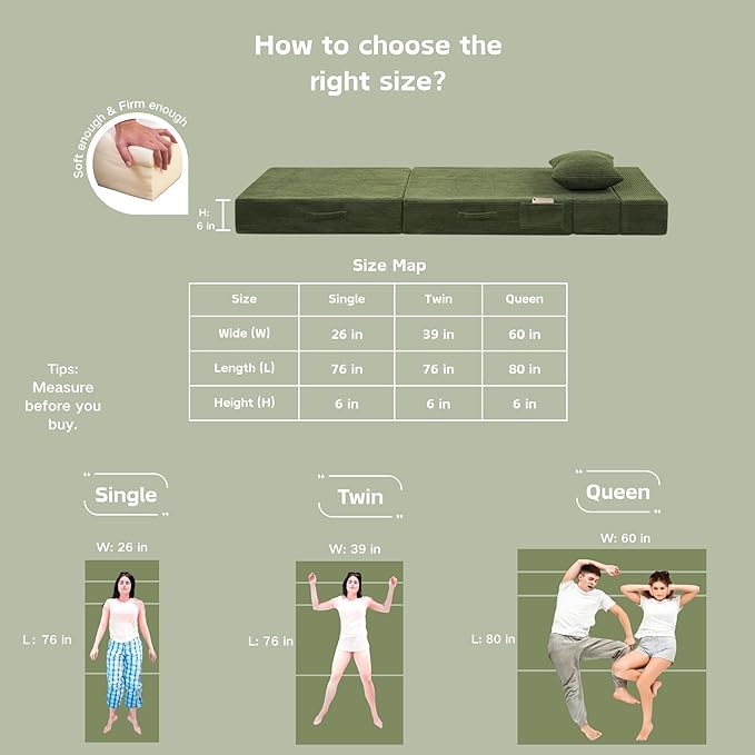 Folding Sofa Bed, 4 in 1 Convertible Sleeper Chair with Pillow, Single Memory Foam Fold Out Chair Bed, Modern Floor Futon Sofa Couch Mattress for Living Room/Guest/Apartment, Green | Convertible