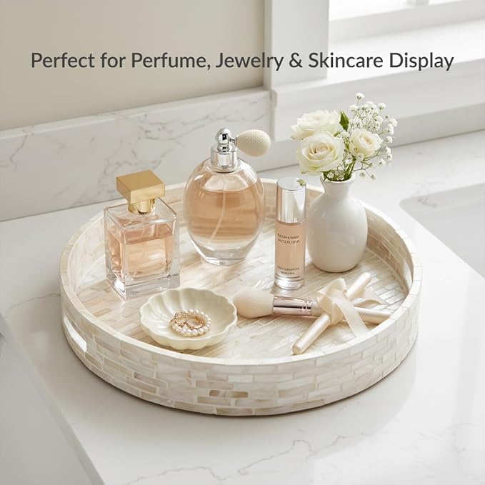 PEMAR 12.6” Decorative Round Serving Tray, Mother of Pearls Inlaid Coffee Table Tray w Insert Handles,Nacred Wooden Ottoman Tray,Bedroom Tray,Cabin Tray. Decorative Platter Basket Tray (White Pattern)