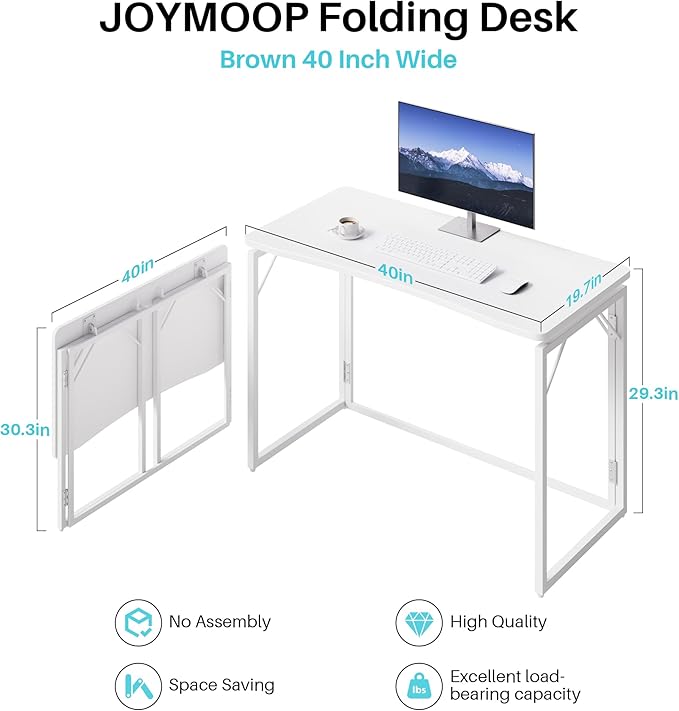 JOYMOOP White Folding Desk - 40", No Assembly Middle Size Foldable Desk for Home, Office, Wooden Top Folding Computer Desk for Working, Writing, Studying