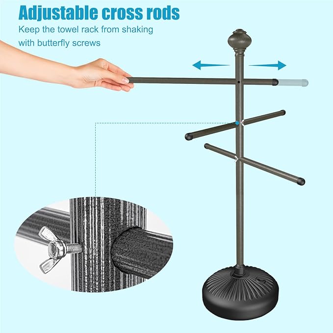 Pool Towel Rack Outdoor, 59" Aluminum Towel Holder with Wide Stable Base,6 Adjustable Bars, Pool Furniture,Rustproof Towel Drying Rack for Pool, Patio, Hot Tub,& Spa – Gray