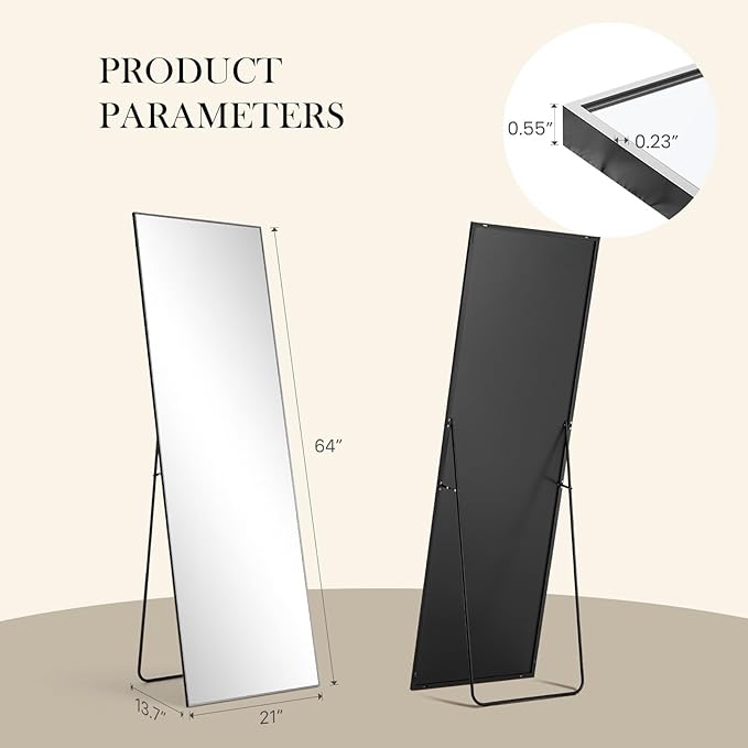 NEWBULIG 64"x21" Full Length Mirror, Full Body Floor Mirror with Aluminum Alloy Thin Frame, Wall or Standing Mirror for Bedroom, Living Room, Dressing Room, Black-Rect