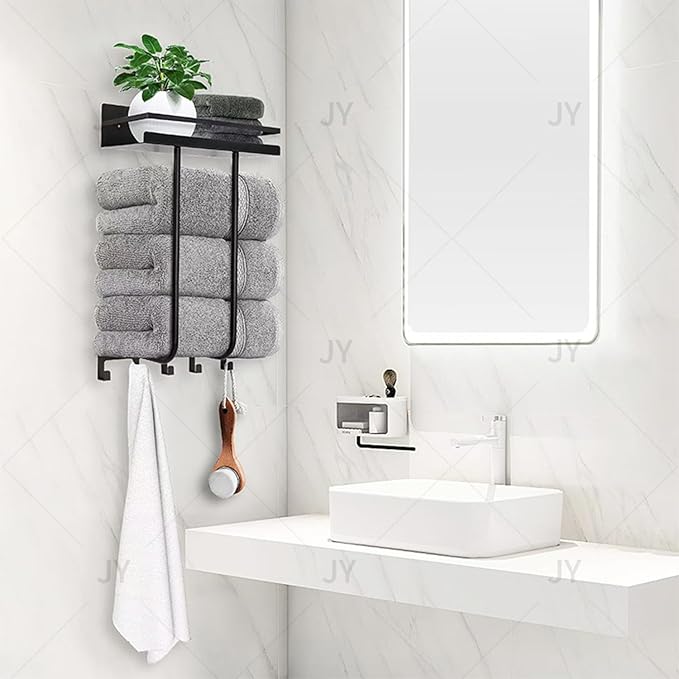 Bathroom Towel Storage Rack, Wall Mounted Towel Rack with Shelf and 5 Hooks, Can Holds 3 Large Towels Stainless Steel Bathroom Towel Holder for Rolled Towels, Bath Towels.(Black)