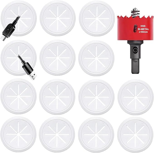 14 Pack TV Wire Hider for Wall, 1.97 Inch (50mm Hole) Cord Hider in Wall Cable Management Kit, Includes 14 Pass Throughs and 1 Hole Saw Drill Attachment Easy to Install