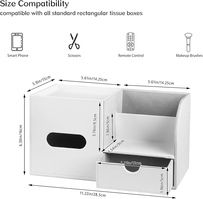 Square Tissue Box Cover with Tray and Organizer, Multi-Functional Decor Cube Tissue Box Holder, Tissue and Remote Control Holder, for Vanity, Nightstand, Bathroom, Home, Office
