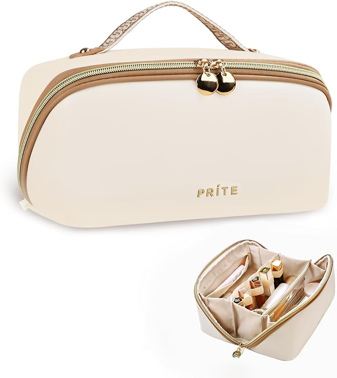 Prite Makeup Bag for Women Travel Waterproof Vegan Leather Cosmetic Bag Open Flat Toiletry Bag With Clear Divider and Handle (Beige, Large Pro)