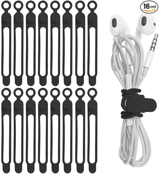 16Pcs Silicone Cable Straps Wire Organizer for Bundling Earphone, Phone Charger, Computer Cords, Reusable Cable Ties Cord Organizer in Home,Office,Kitchen,School(Black)