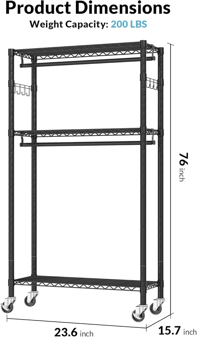 Heavy Duty Rolling Garment Rack 3 Tiers with Wheels,Metal Portable Closet Rack,Freestanding Clothes Rack,Closet Organizer System with 23.6" W x 15.7" D x 76" H, Max Load 400Lbs (Black)