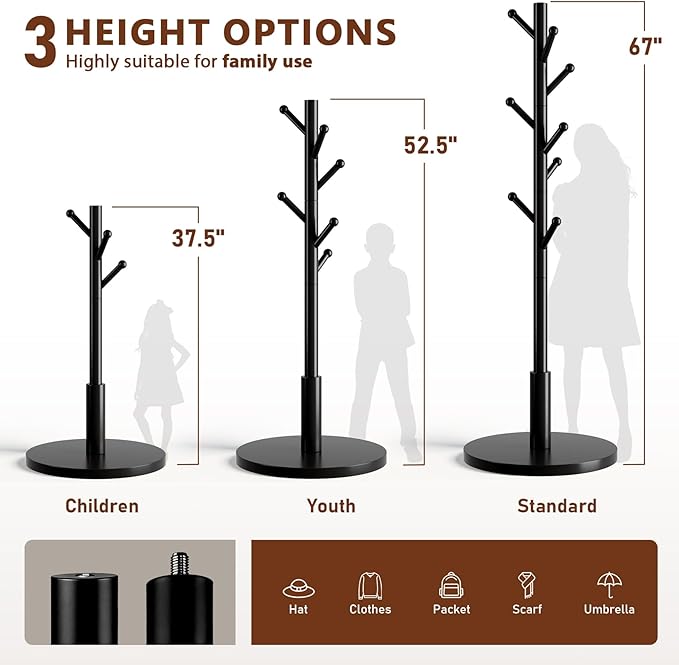 Coat Rack Freestanding Wooden Coat Tree Stand with 8 Round-tip Hooks, 3 Adjustable heights Coat Hat Rack for Entryway,Bedroom,Hallway,Office (Black)