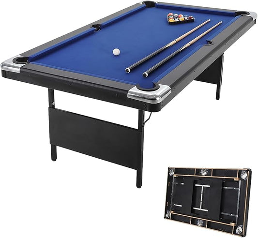 7 Foot Pool Table for Family, Foldable No Assembly Pool Table with Balls, Cues, Chalk, Rack & Brush, Portable Billiards Game Table for Apartment, Basement, Office & Game Room