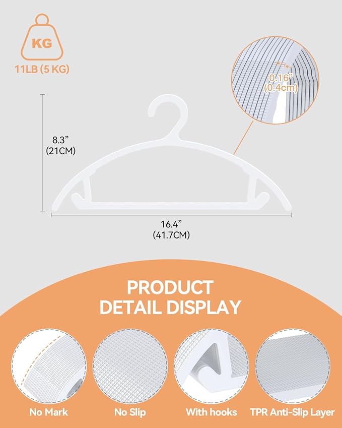 ABHENG 50 Pack Clothes Hangers, Non Slip Heavy Duty Plastic Hangers, Space Saving All-in-One Garment Hangers for Dresses Suits Jeans Knits, Hold Up to 11 LB Dry & Wet, 16.4" x 8.3", White, UAPY0850W