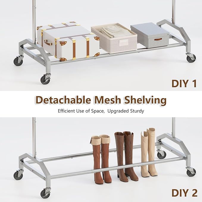 Wiracks Clothes Rack Clothing Rack with Wheels Rolling Clothing Rack for Hanging Clothes Garment Rack Loads 300 LBS for Bedroom, Laundry Room, Retail Store (Silver)
